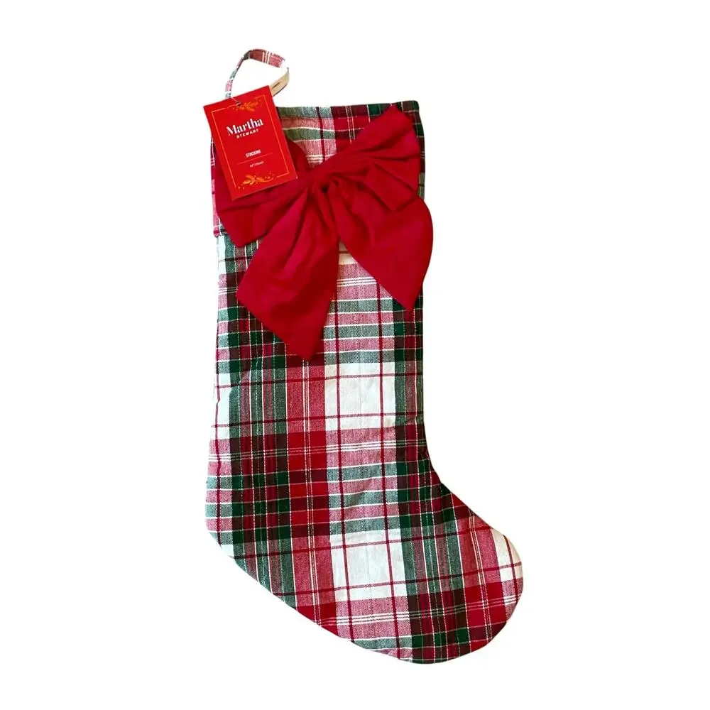 Martha Stewart Bow Tartan Stocking 22in Plaid Christmas Holiday Decor NEW